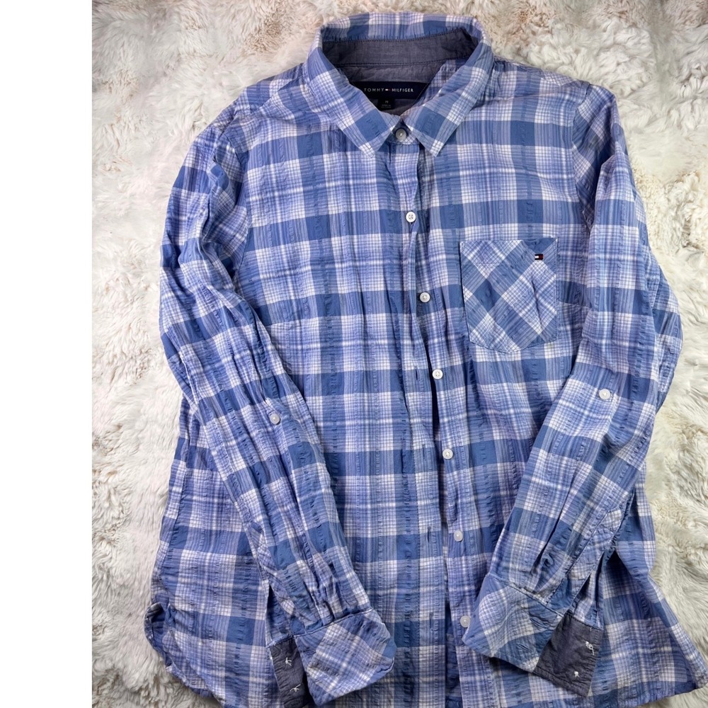 Tommy Hilfiger Mens Blue White Plaid Long Sleev Button Down Shirt Size Medium A9